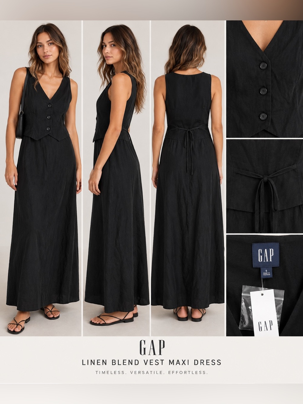 NWT Gap Black Linen Blend Vest Maxi Dress Size Small